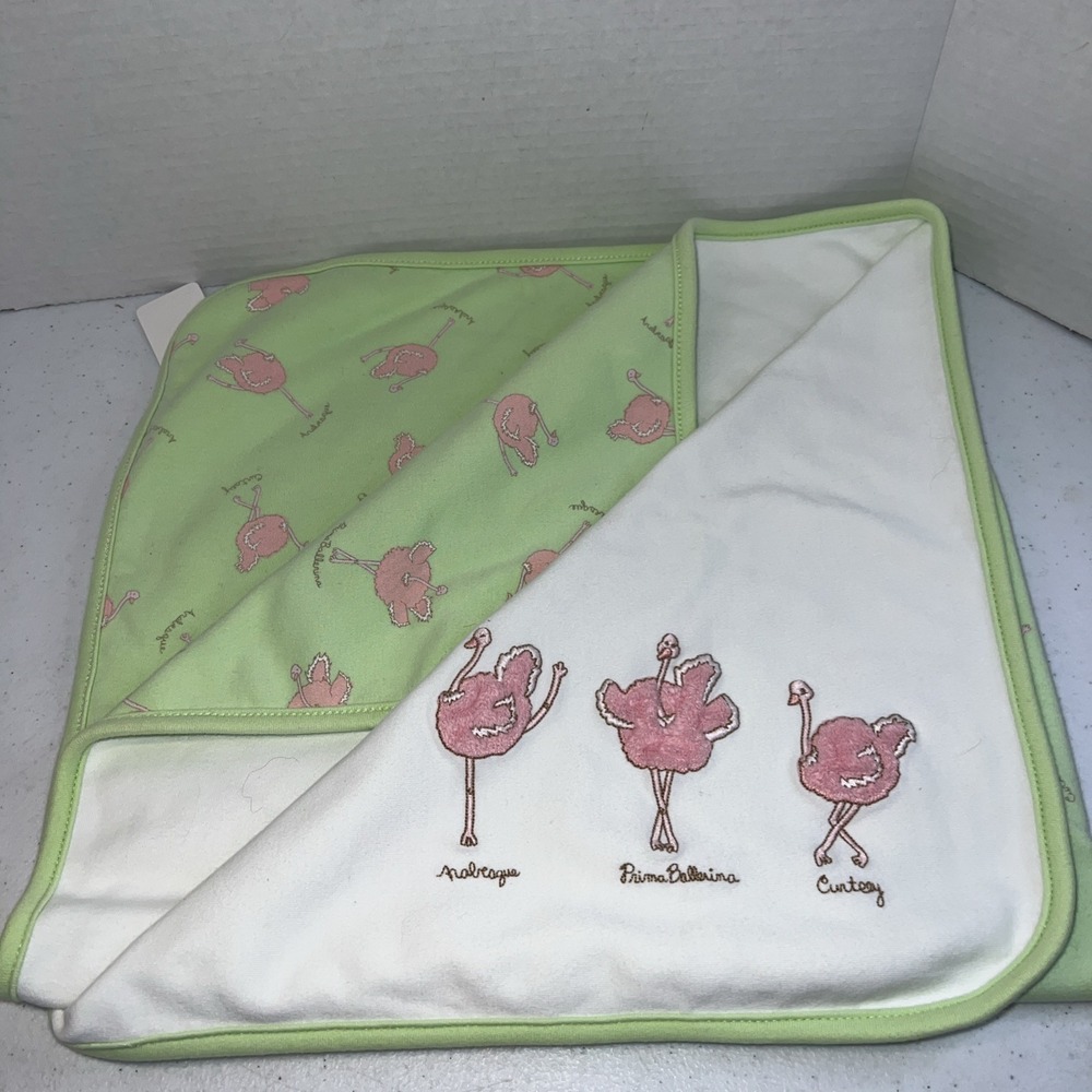 Gymboree Baby Blanket Embroidered Ballerina Ostrich Pink Green White 2004 Vtg